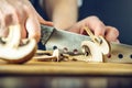 The chef in black apron cuts mushrooms with a knife. Concept of eco-friendly products for cooking