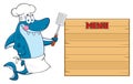 Chef Blue Shark Cartoon Character Licking His Lips And Holding A Spatula To Wooden Blank Board With Text Menu Royalty Free Stock Photo