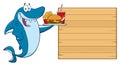 Chef Blue Shark Cartoon Character Licking His Lips And Holding A Spatula To Wooden Blank Board With Text Menu Royalty Free Stock Photo