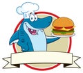 Chef Blue Shark Cartoon Mascot Character Holding A Big Burger Over A Ribbon Banner Royalty Free Stock Photo