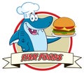 Chef Blue Shark Cartoon Mascot Character Holding A Big Burger Over A Ribbon Banner