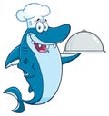 Chef Blue Shark Cartoon Mascot Character Holding A Platter