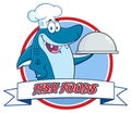 Chef Blue Shark Cartoon Mascot Character Holding A Platter Over A Ribbon Banner Royalty Free Stock Photo