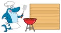 Chef Blue Shark Cartoon Mascot Character Licking His Lips And Holding A Spatula By A Barbeque With Roasted Burgers To Wooden Blank Royalty Free Stock Photo