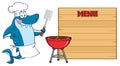 Chef Blue Shark Cartoon Mascot Character Licking His Lips And Holding A Spatula By A Barbeque With Roasted Burgers To Wooden Blank Royalty Free Stock Photo