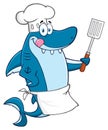 Chef Blue Shark Cartoon Mascot Character Licking His Lips And Holding A Spatula