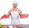 Chef bodybuilder preparing large chunks of raw