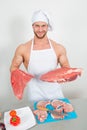 Chef bodybuilder preparing large chunks of raw meat. natural proteins