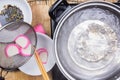 Chef boiling kamaboko fish cake in pot Royalty Free Stock Photo