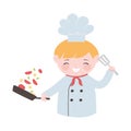 Chef boy with saucepan vegetables and spatula cartoon character isolated icon design