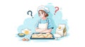 Confused Baker Woman with Question Marks Over Braided Bread Dough and Baking Ingredients Royalty Free Stock Photo