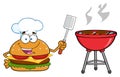 Chef Burger Cartoon Mascot Character Holding A Slotted Spatula By A Barbecue