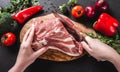 Chef Butcher cutting pork meat with knife on kitchen, cooking food Royalty Free Stock Photo