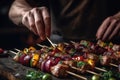 Chef Carefully Assembling Kebabs With Marinated Meats And Veggies Closeup. Generative AI Royalty Free Stock Photo