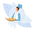 Chef Carrying Hot Fresh Pizza on Tray Cartoon Logo