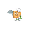 Chef cartoon character of crackers with food on tray