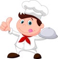 Chef cartoon holding a metal food platter and thumb up