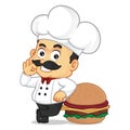 Chef cartoon leaning on burger