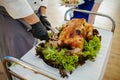 A Chef Carving Roast Turkey In A Live Display In Restaurant Royalty Free Stock Photo