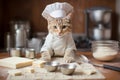 Chef cat in kitchen with cooking hat, passionately preparing nutritious meals for animals