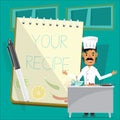 Chef charcter with recipe paper and pen. kitchenroom - Royalty Free Stock Photo