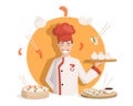 Chef in Chinese kimono vector flat illustration. Tasty delicious Chinese cuisine, dim sums, shrimps, spring rolls.