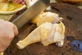 A chef in a Chinese kitchen is chopping chicken legs Royalty Free Stock Photo