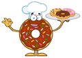 Chef Chocolate Donut Cartoon Character Serving Donuts