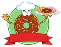 Chef Chocolate Donut Cartoon Character With Sprinkles Serving Donuts Circle Label