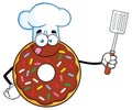 Chef Chocolate Donut Cartoon Mascot Character With Sprinkles Holding A Slotted Spatula
