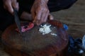 The chef is chopping the galangal, meat and bone on the chopping board to cook. Weird Royalty Free Stock Photo