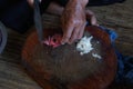 The chef is chopping the galangal, meat and bone on the chopping board to cook. Weird Royalty Free Stock Photo