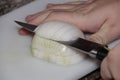 Chef chopping onions with a knife
