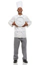 Chef, clock and portrait of happy black man with time, speed or deadline isolated on a white studio background. Smile Royalty Free Stock Photo