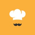 Chef cook cap with mustaches icon isolated on orange background