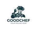 Chef or cook in cap and shows gesture okay, logo design. Kitchen, restaurant, snack bar, gastronomy and cooking food, vector desig