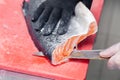 Closeup whole fresh salmon fish preparing fillet with knife on red cutting board in professional kitchen of restaurant. Concept Royalty Free Stock Photo