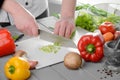 Chef cook chopping spring onions