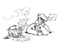 The chef cook fell asleep. Pot in which food is cooked, the food from the pot overflows