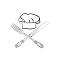 Chef cook hat with fork and knife hand drawing sketch label. Cut Royalty Free Stock Photo