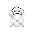 Chef cook hat with fork and knife hand drawing sketch label. Cut Royalty Free Stock Photo