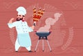 Chef Cook Hold Kebab Smiling Cartoon Restaurant Chief In White Uniform Over Wooden Textured Background
