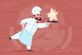 Chef Cook Hold Star Award Smiling Cartoon Restaurant Chief In White Uniform Over Wooden Textured Background