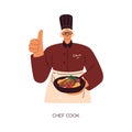 Chef cook holding new dish in hand. Professional worker in hat portrait, cooked gourmet food, delicious restaurant meal