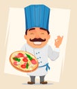 Chef Cook holding tasty pizza. Cute cartoon character, smiling cook in professional uniform and blue hat.