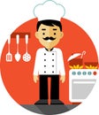 Chef cook on kitchen background in flat style