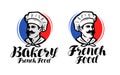 Chef, cook logo. French food, bakery symbol or label. Vector illustration typographic design Royalty Free Stock Photo