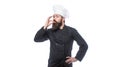 Chef, cook making tasty delicious gesture by kissing fingers. Cook hat. Bearded chef, cooks or baker. Bearded male chefs Royalty Free Stock Photo