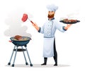 Chef cook meat on barbecue grill