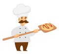 Chef cook with pizza on wooden spade isolated male character Royalty Free Stock Photo